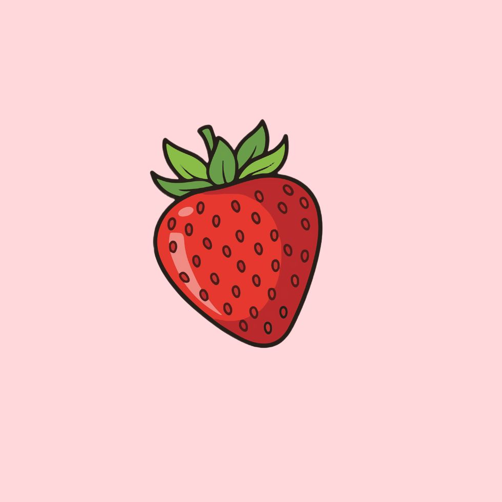 A vibrant red strawberry with green leaves on a soft pink background strawberry cartoon