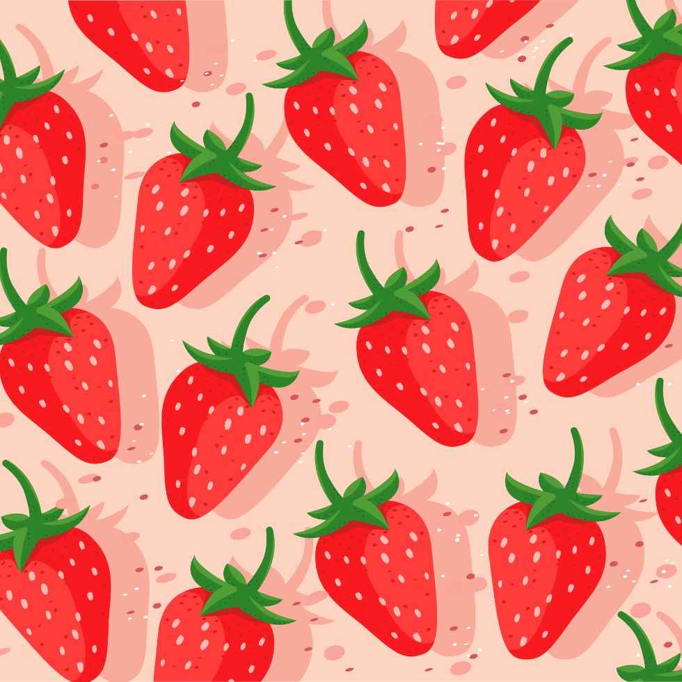 A repeated pattern of bright red strawberries with shadows on a pink background strawberry cartoon
