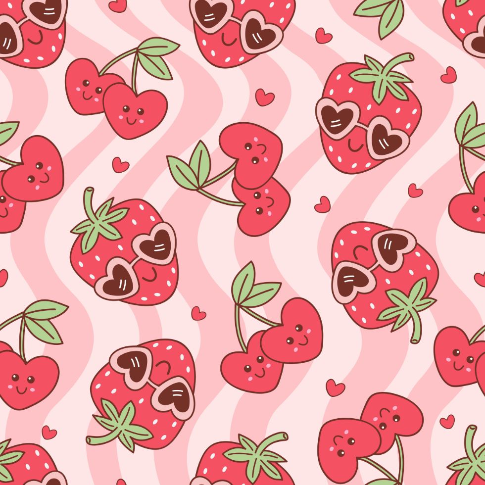 A cute seamless pattern of strawberries with heart-shaped sunglasses and heart-shaped cherries strawberry cartoon