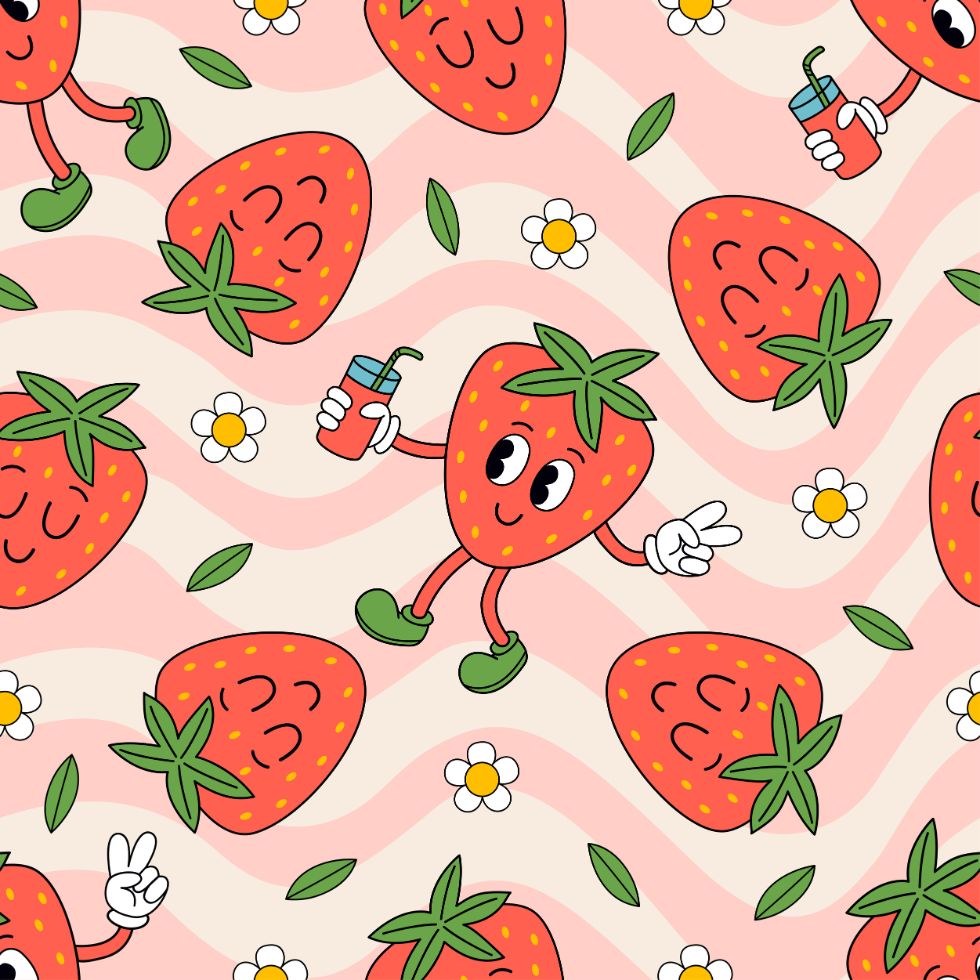 A retro seamless pattern of walking strawberry characters with juice and flowers strawberry cartoon