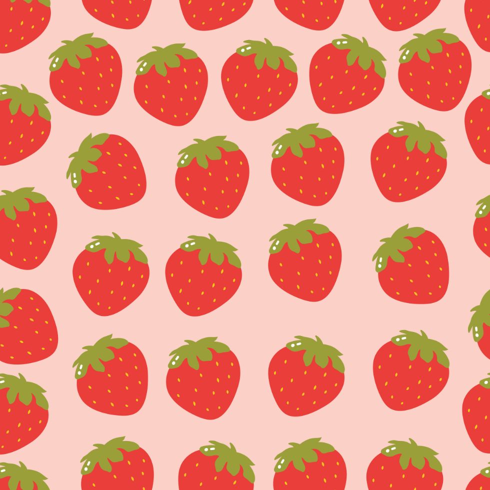 A simple seamless pattern of red strawberries with green tops on a light pink background strawberry cartoon