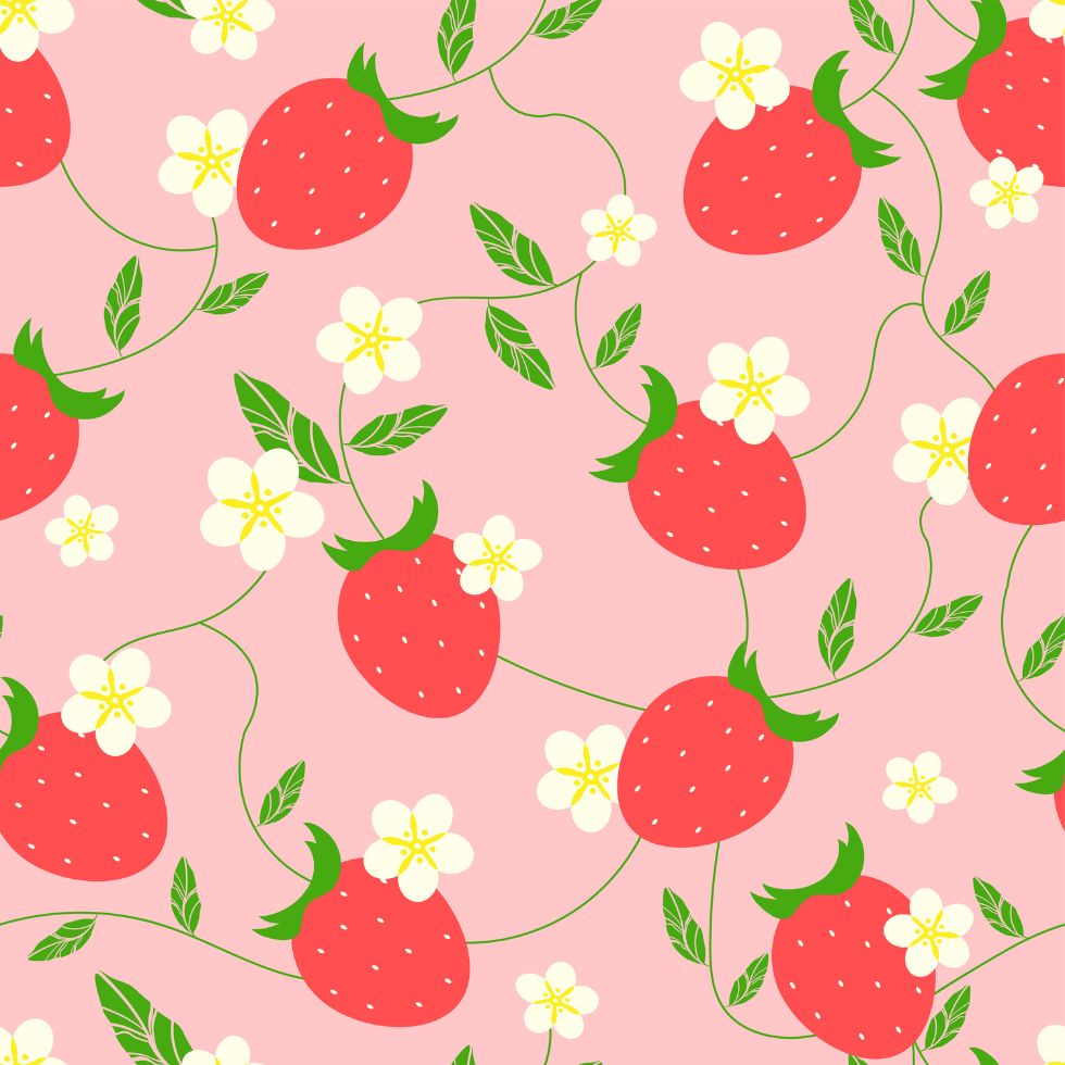 A seamless floral pattern of red strawberries and white flowers on pink strawberry cartoon