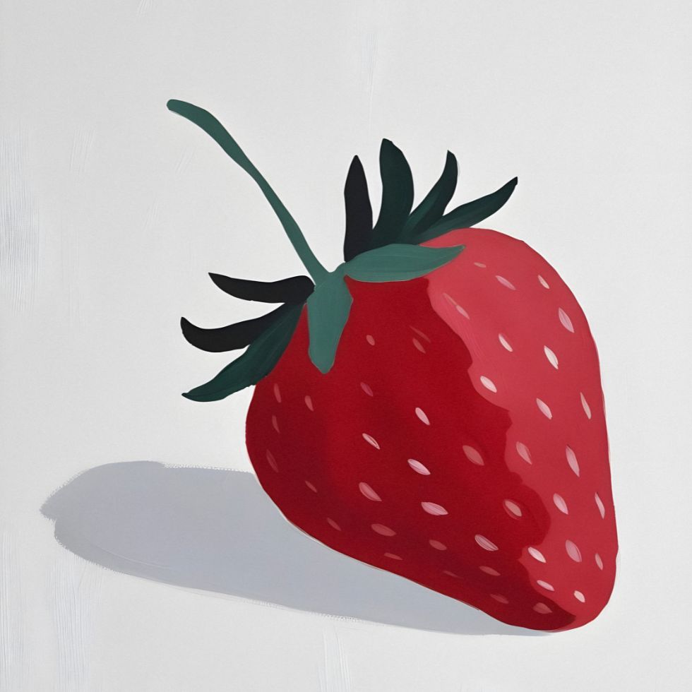 A large painted red strawberry with green leaves and a long stem strawberry cartoon