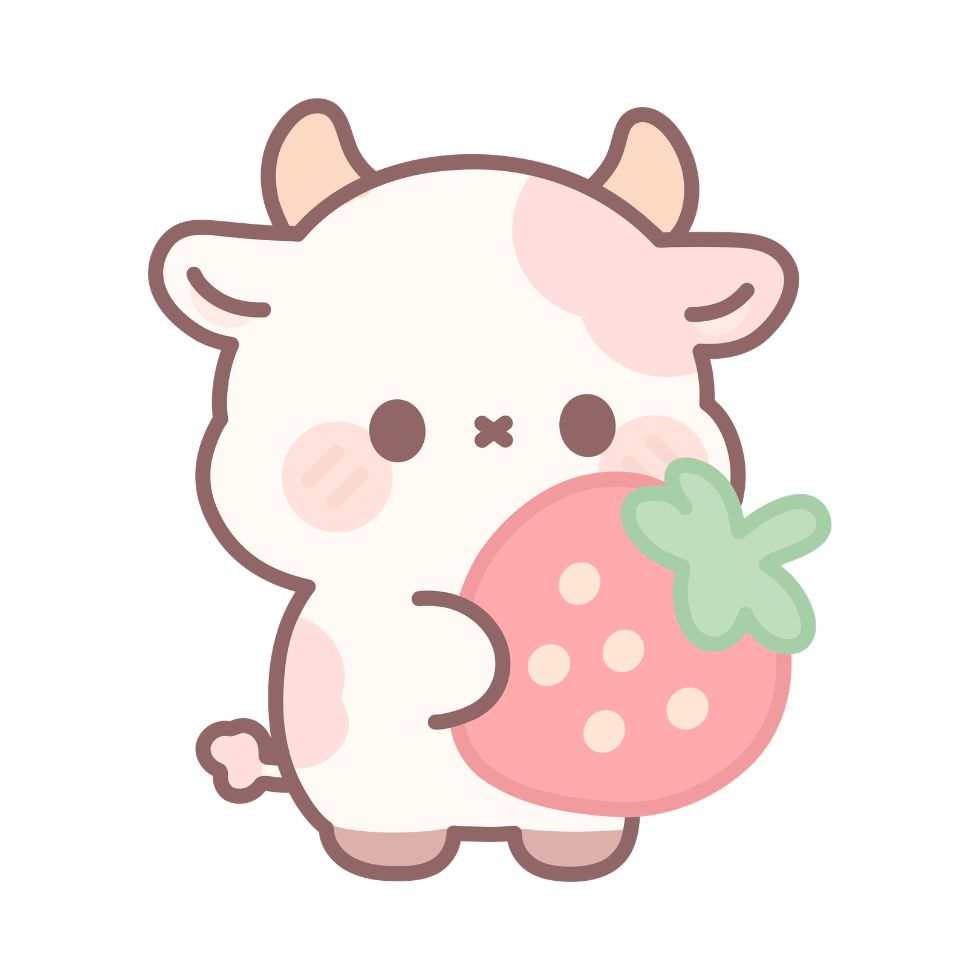 A cute cream-colored cow character holding a large pink strawberry strawberry cartoon