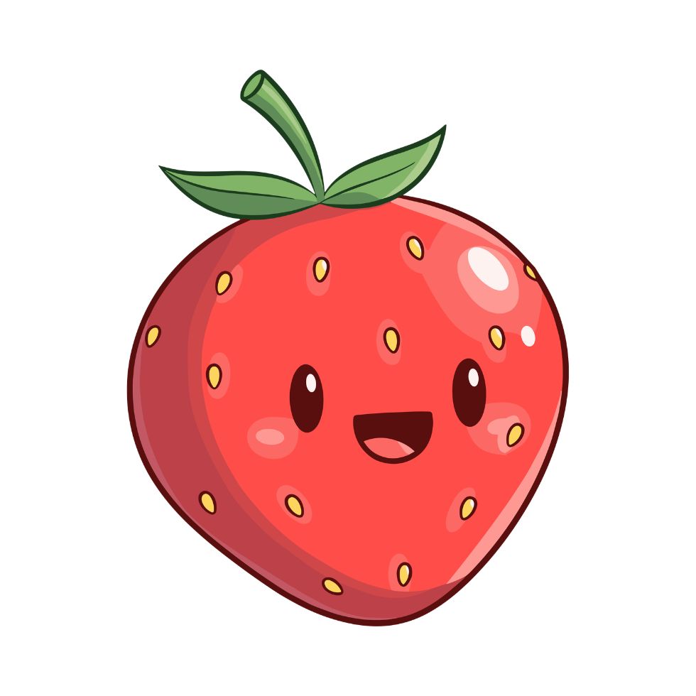 A single red strawberry with green leaves on a soft pink background strawberry cartoon