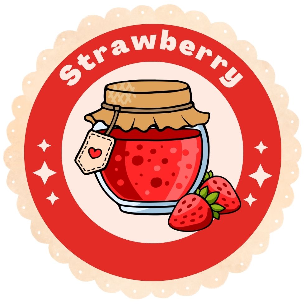 A round red label featuring a jar of jam and fresh fruit strawberry cartoon