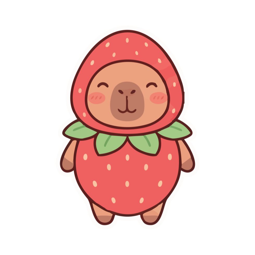 A cute capybara character wearing a red strawberry costume strawberry cartoon