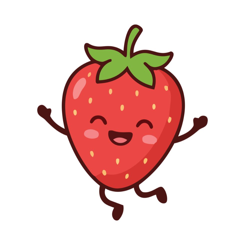 A happy jumping strawberry character with a smiling face and thin limbs strawberry cartoon