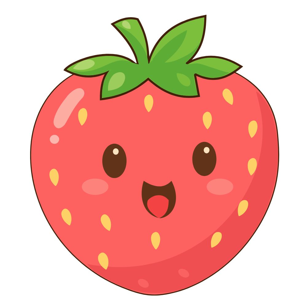 A large smiling strawberry character with a green leafy top on a white background strawberry cartoon