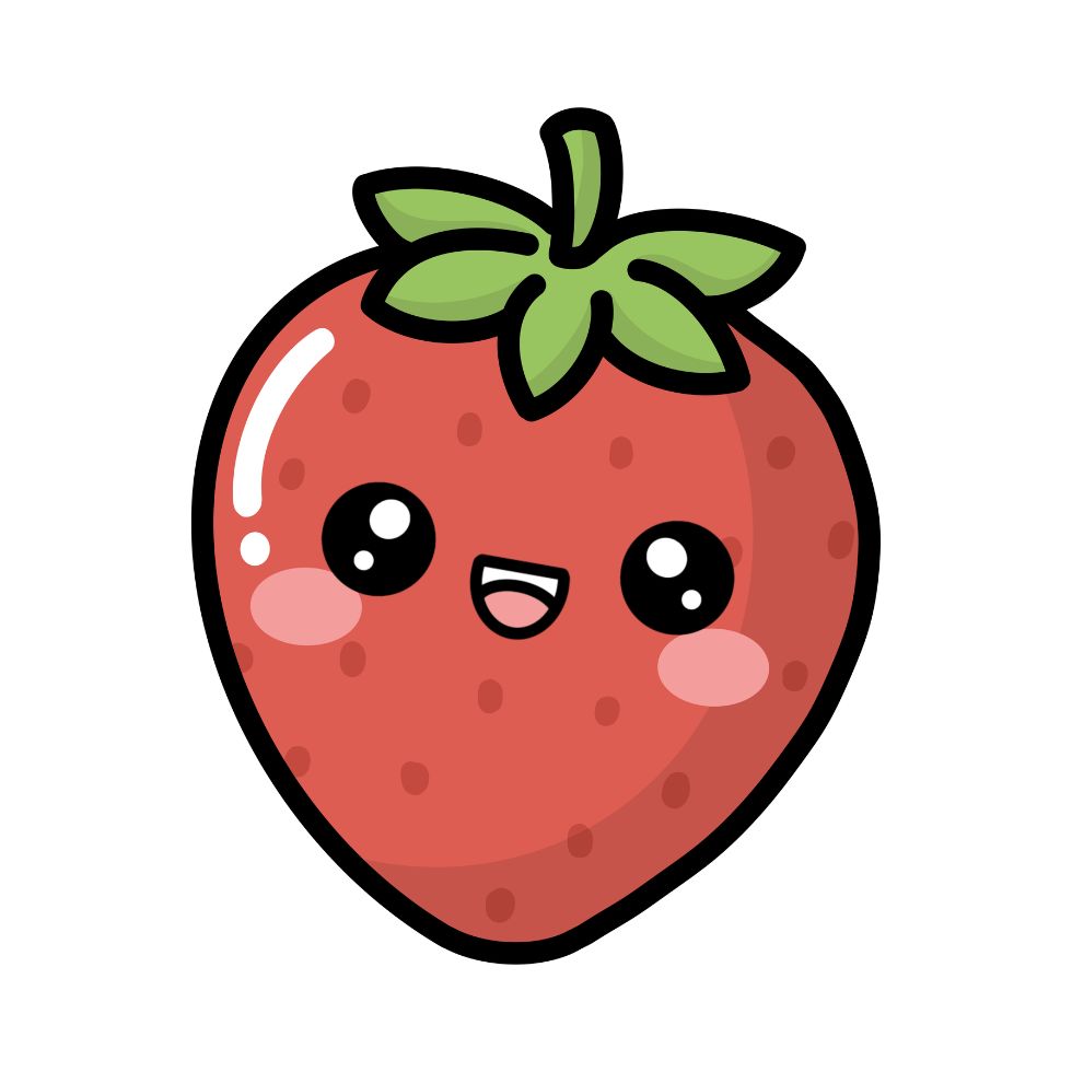 A cute digital illustration of a smiling red strawberry on a white background strawberry cartoon