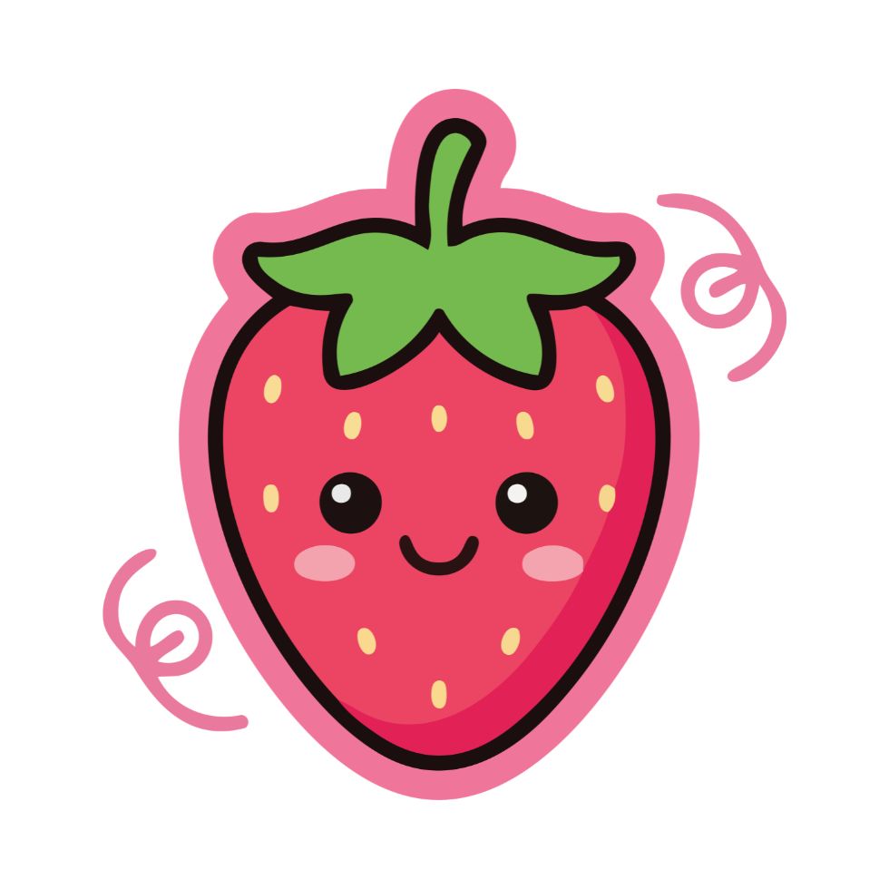 A cute red strawberry character with a small smile and pink spiral accents strawberry cartoon