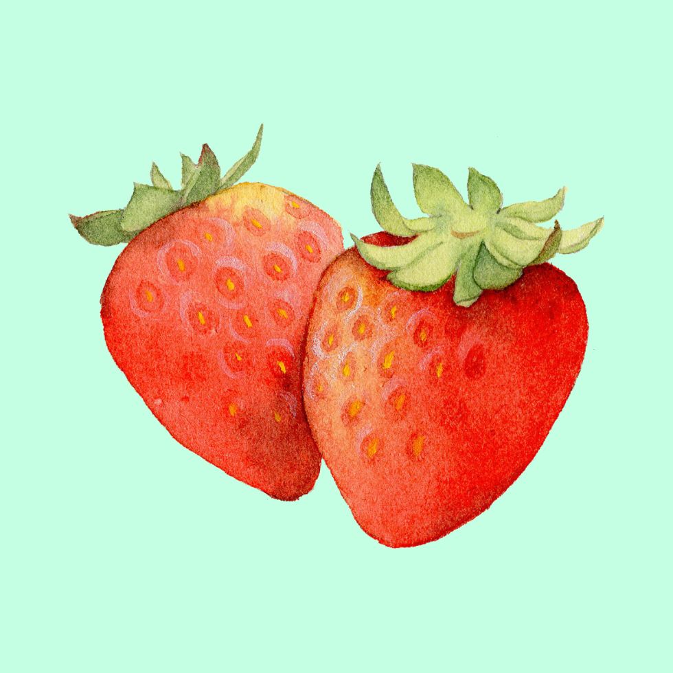 A hand-drawn pattern of pale pink strawberries on a textured lilac background strawberry cartoon