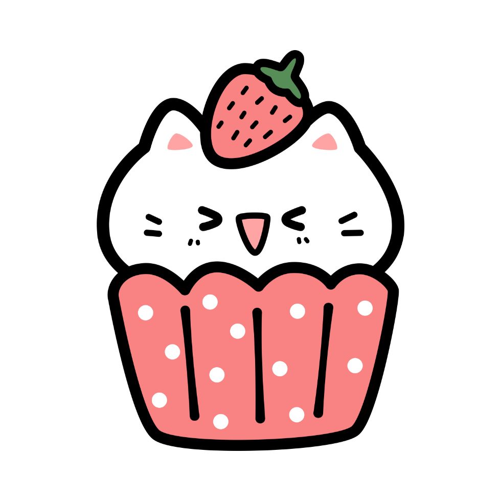 A cute white cat cupcake character with a small pink strawberry on top strawberry cartoon