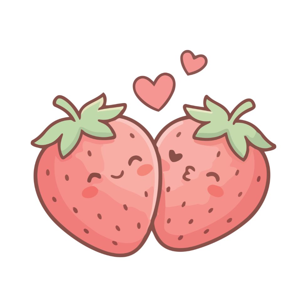 Two cute blushing strawberry characters with hearts strawberry cartoon