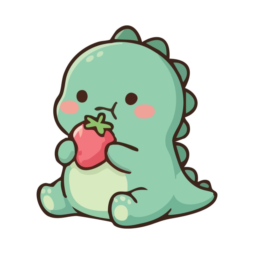 A cute teal dinosaur character eating a small red strawberry strawberry cartoon