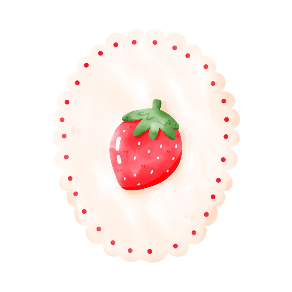 A watercolor strawberry illustration centered on a scalloped cream doily strawberry cartoon