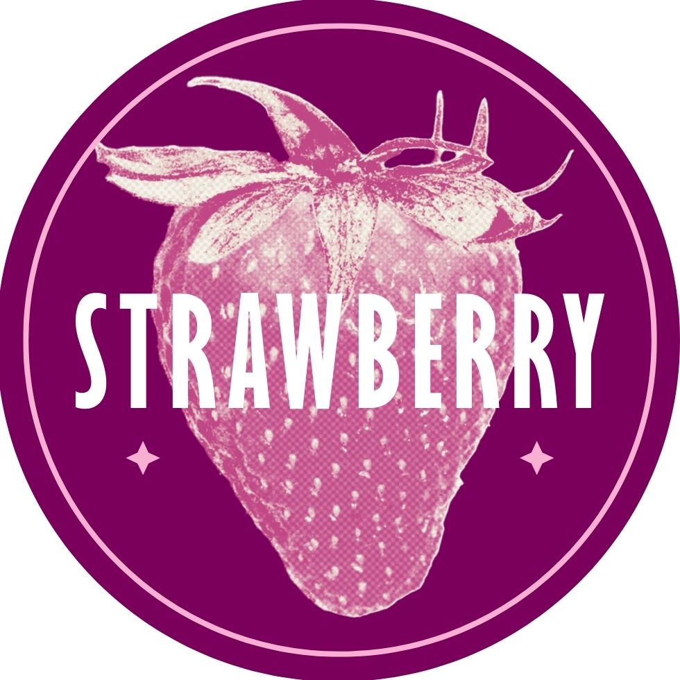 A purple circular emblem featuring a vintage-style pink strawberry illustration strawberry cartoon