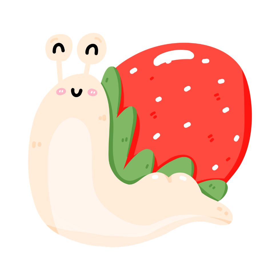 A cute cream-colored snail character with a large red strawberry shell strawberry cartoon