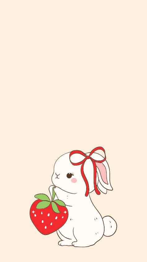 A cute white bunny character with a red ribbon holding a strawberry strawberry cartoon