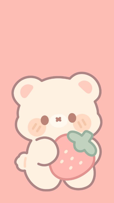 A cute pink poodle character sitting and holding a red strawberry strawberry cartoon