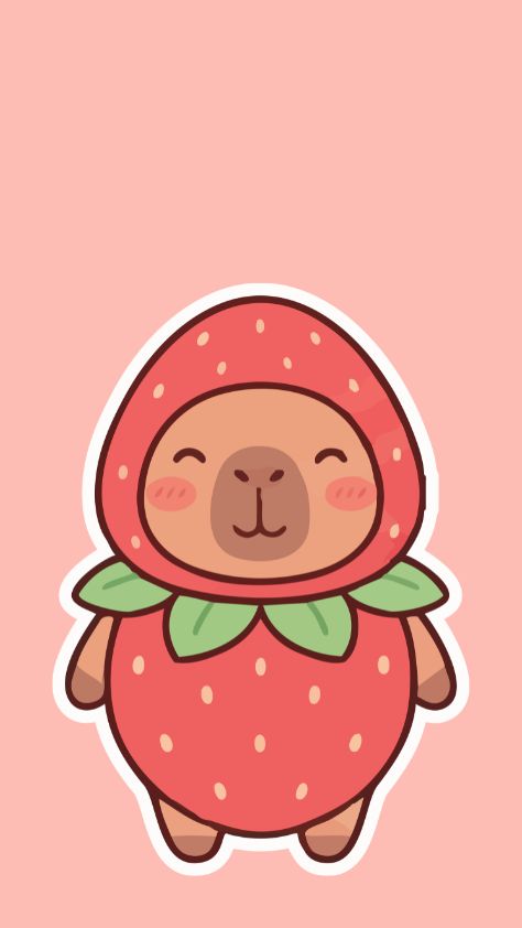 A cute capybara character wearing a red strawberry costume on a pink background strawberry cartoon
