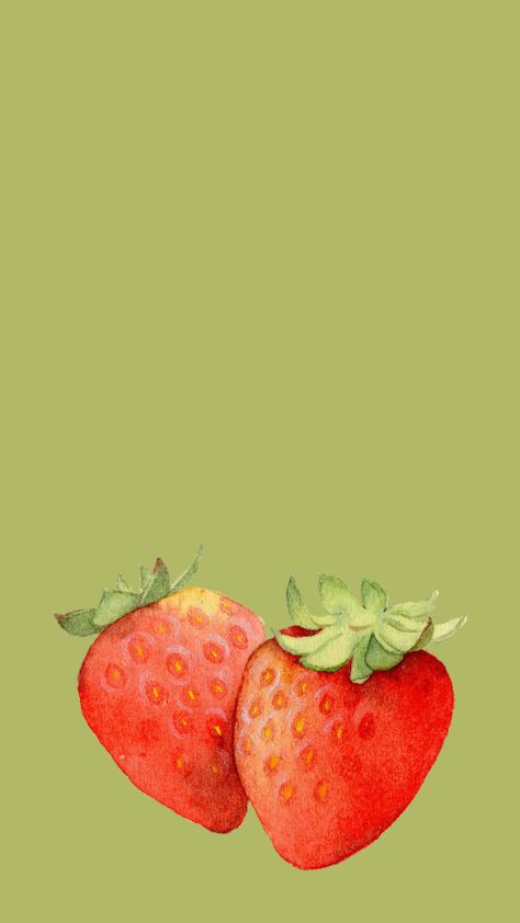 A watercolor painting of two red strawberries on an olive green background strawberry cartoon