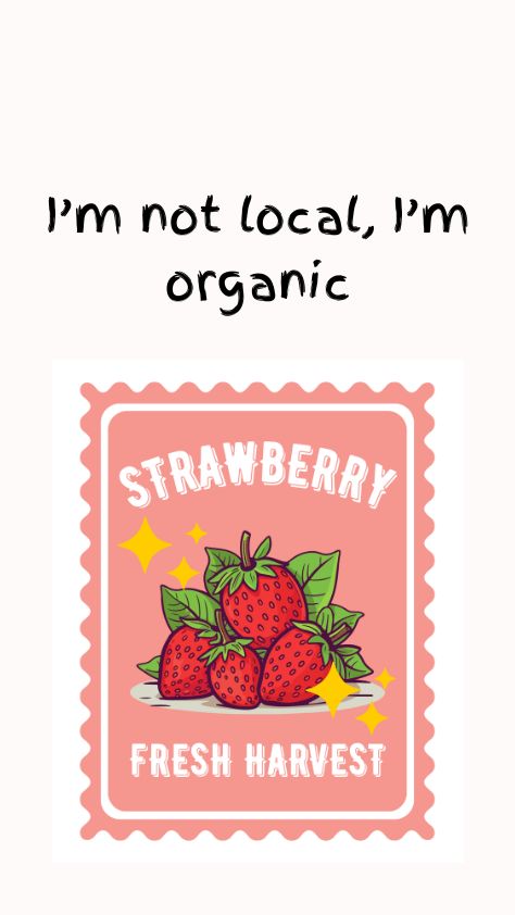 A collection of red strawberries on a pink stamp design with text strawberry cartoon
