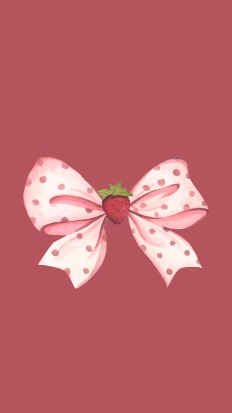 A pink and white polka dot bow with a small strawberry in the center strawberry cartoon