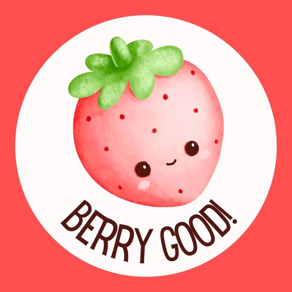 A watercolor smiling strawberry character inside a white circle with text strawberry cartoon