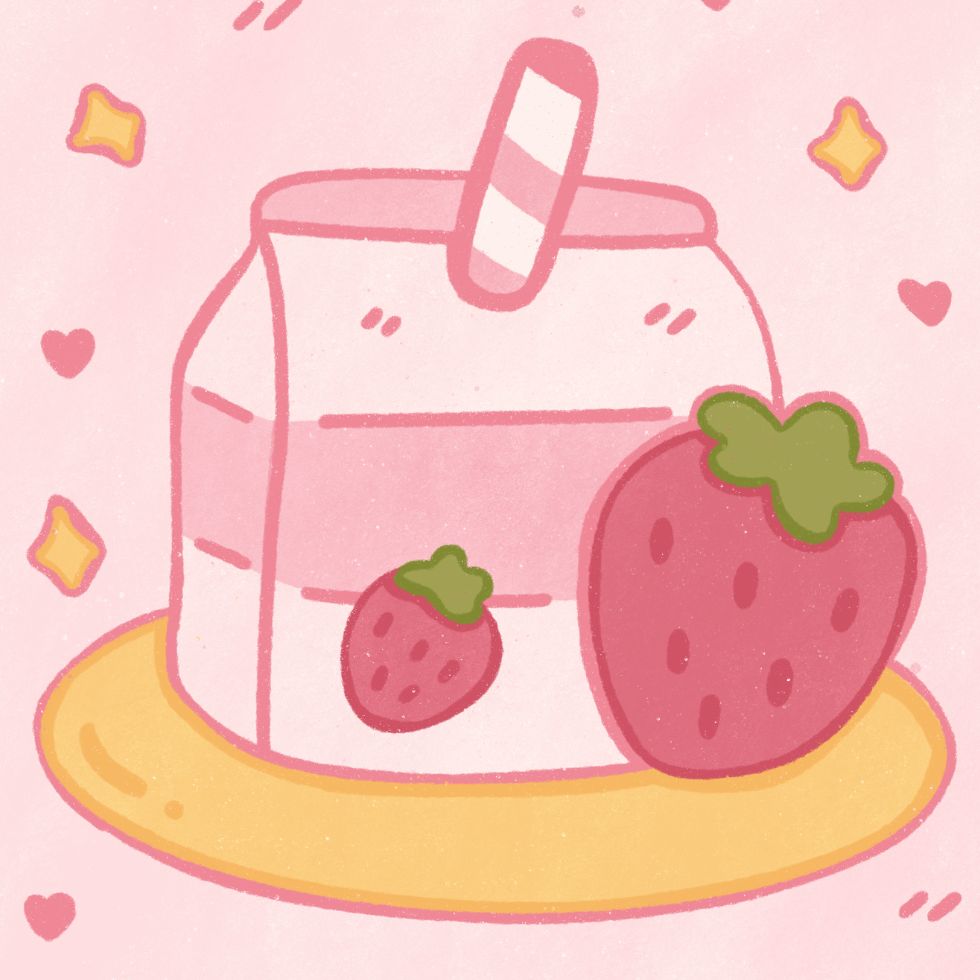 A cute aesthetic strawberry milk carton with fresh berries and hearts strawberry cartoon