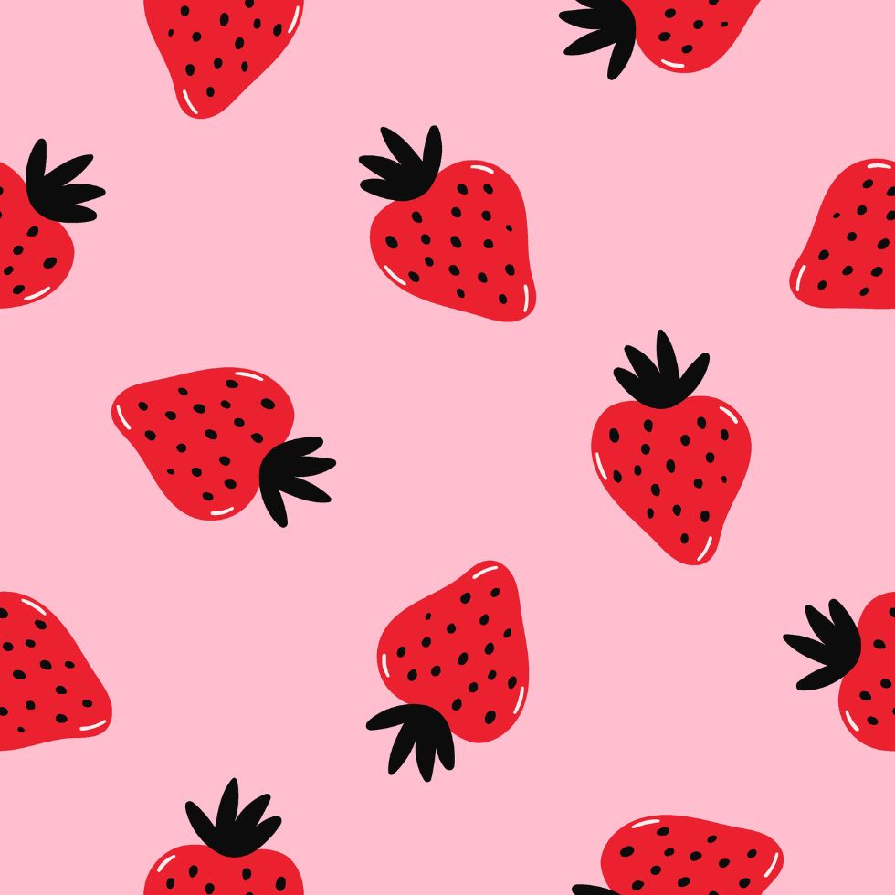 A seamless pattern of red strawberries with black leaves on a pink background strawberry cartoon