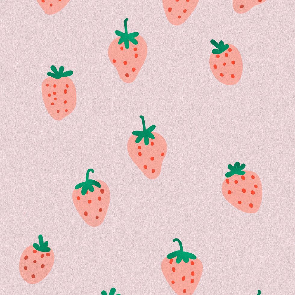 A hand-drawn pattern of pale pink strawberries on a textured lilac background strawberry cartoon