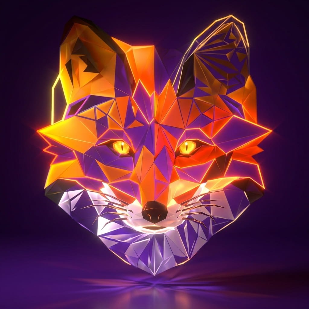 Low-poly glowing geometric fox portrait