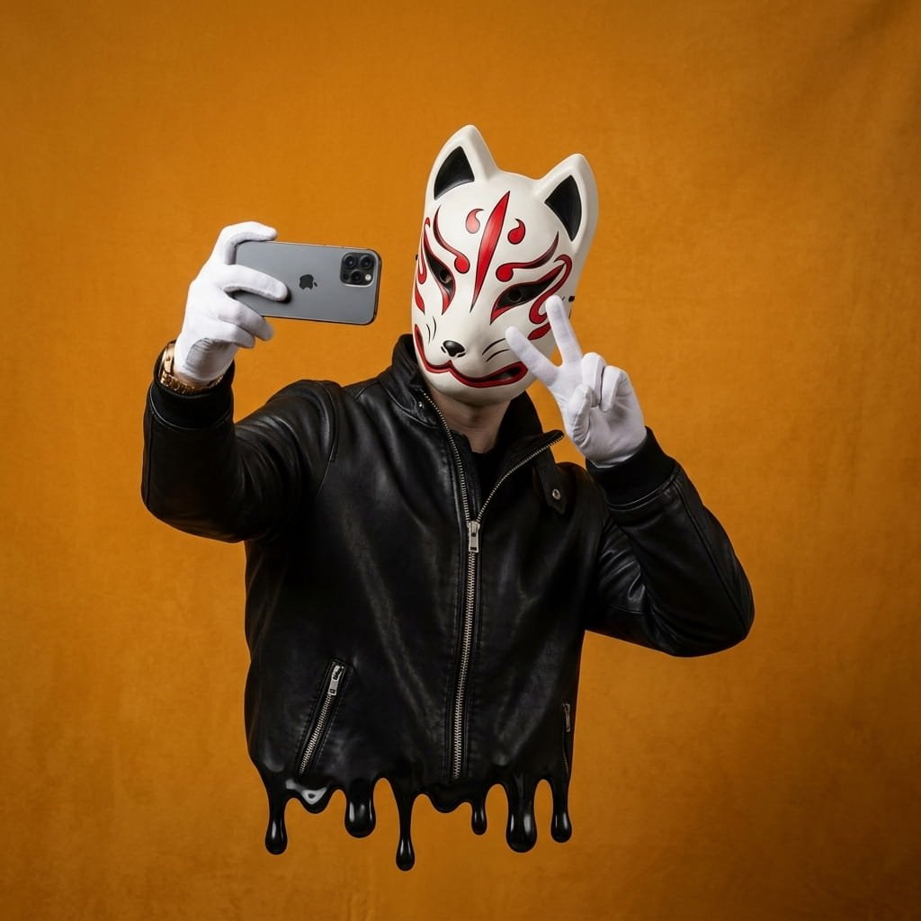 Masked figure taking peace selfie.