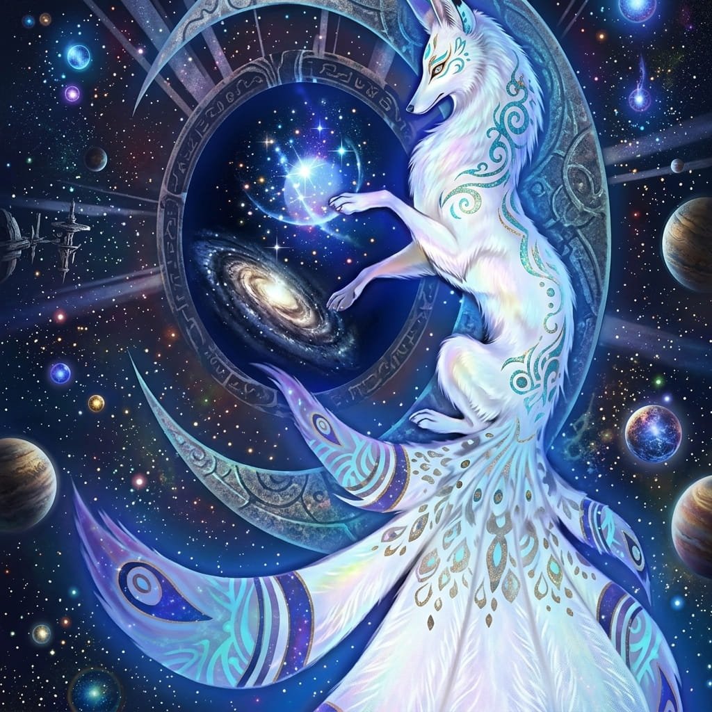 Mythical celestial nine-tailed white fox