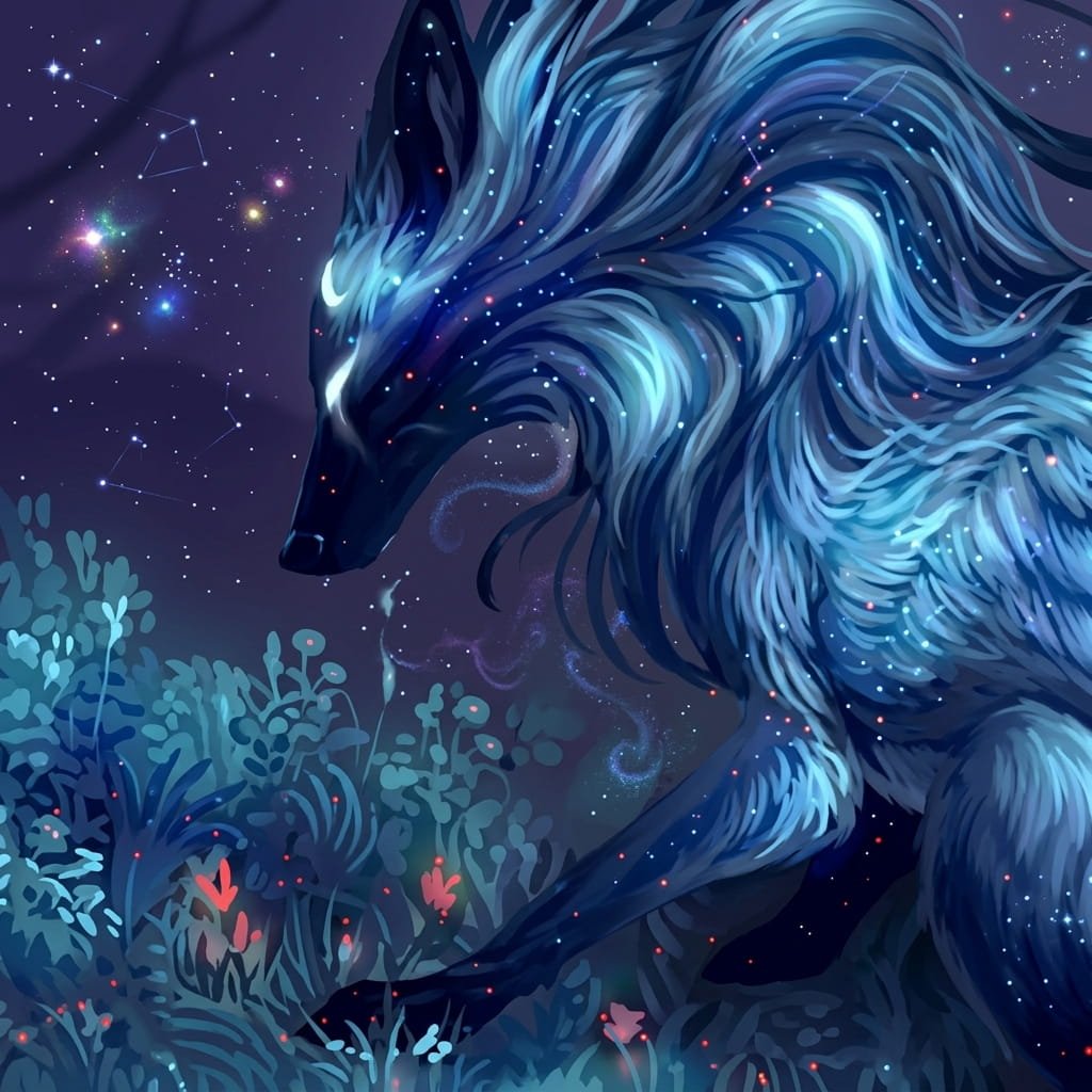 Mythical celestial nine-tailed white fox.