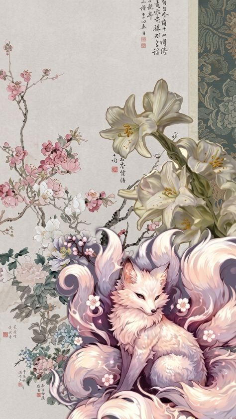 floral mythical Cute Kitsune Wallpaper