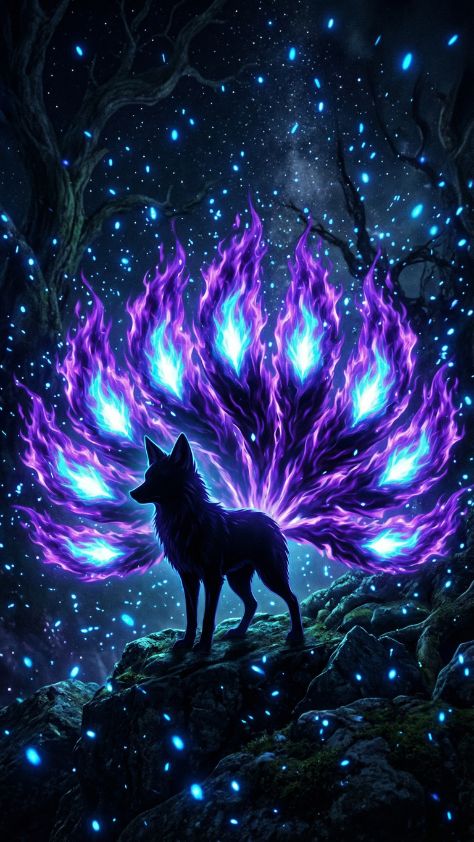 purple flame tails Cute Kitsune Wallpaper