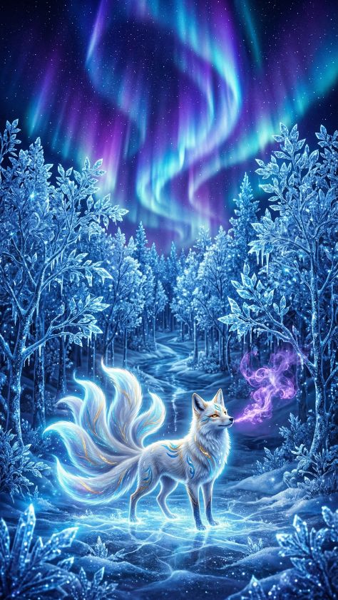 northern lights Cute Kitsune Wallpaper