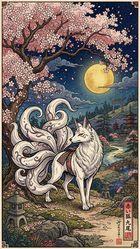 cherry blossoms Cute Kitsune Wallpaper