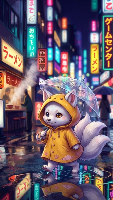 rainy city Cute Kitsune Wallpaper