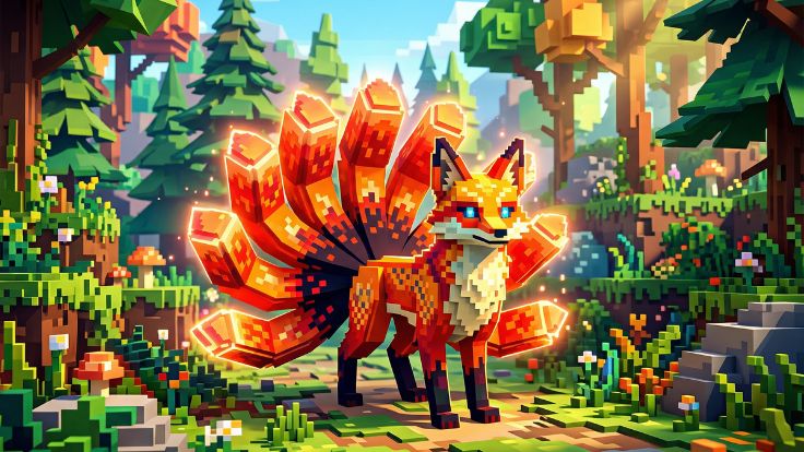 voxel art Cute Kitsune Wallpaper