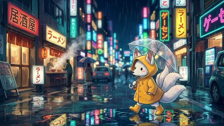 raining city Cute Kitsune Wallpaper