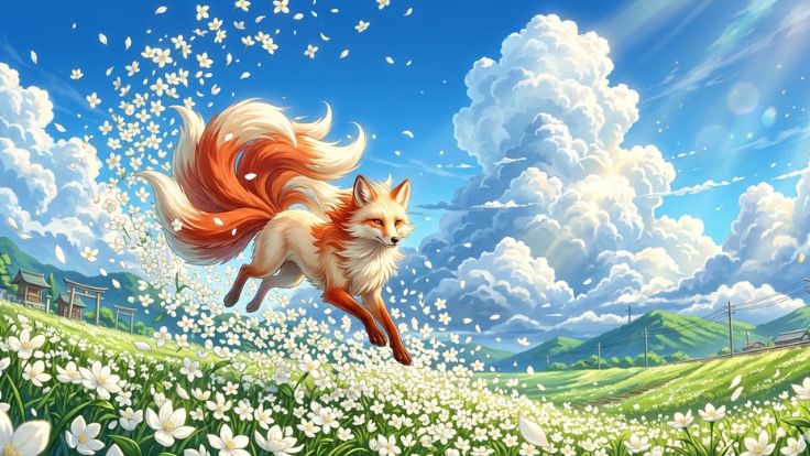 flower filed cute kitsune wallpaper