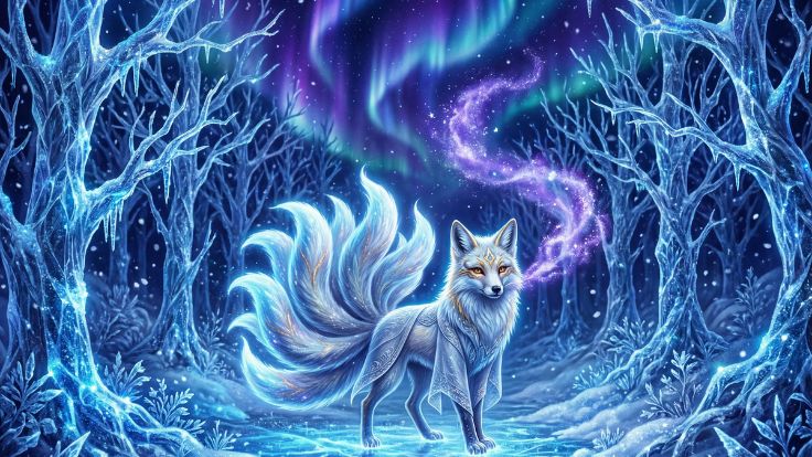 winter kitsune northern lights forest Cute Kitsune Wallpaper