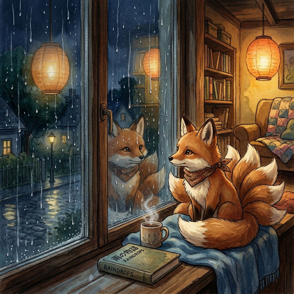 cozy lofi Cute Kitsune Wallpaper