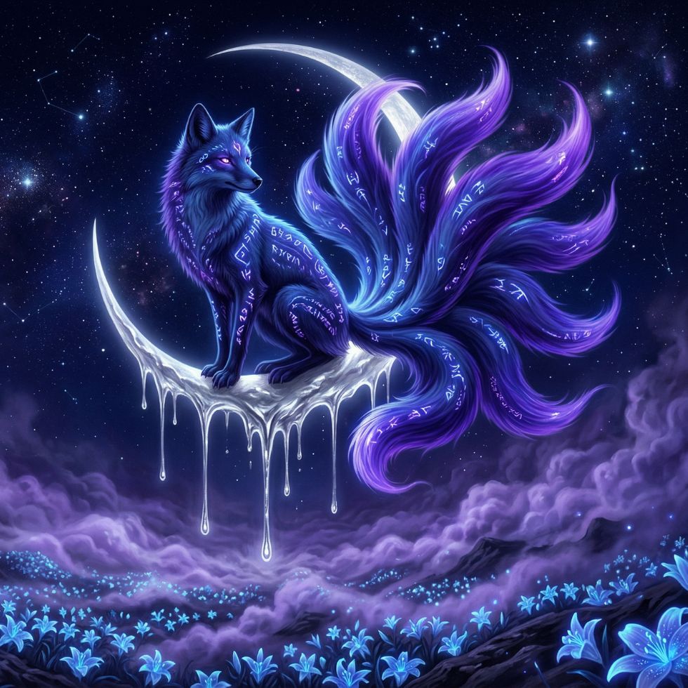 mystical crescent moon Cute Kitsune Wallpaper