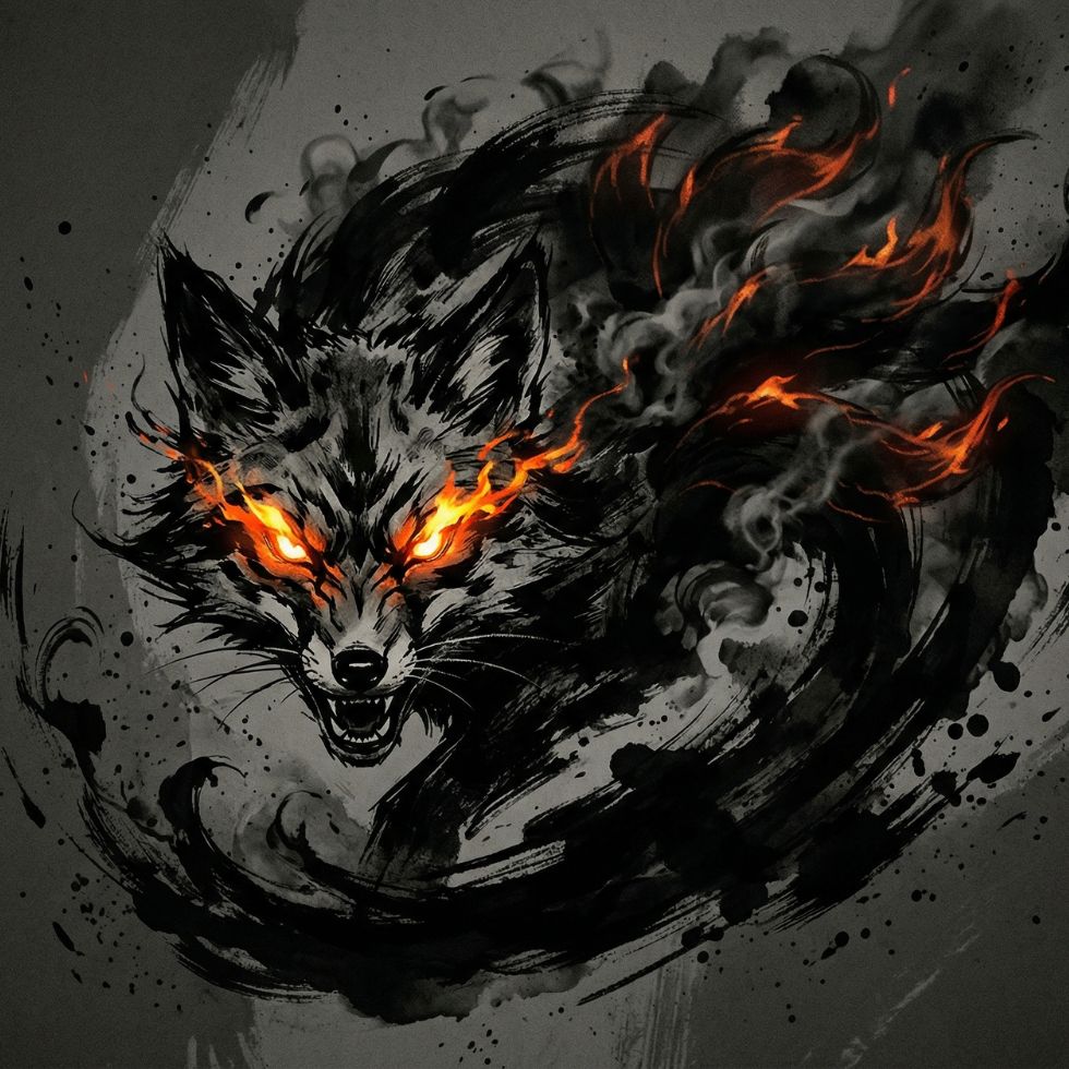 dark ink kitsune fire eyes Cute Kitsune Wallpaper