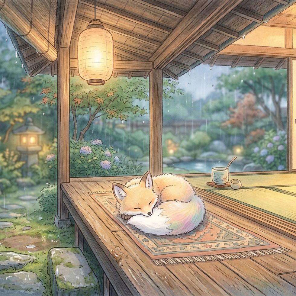 cozy porch Cute Kitsune Wallpaper