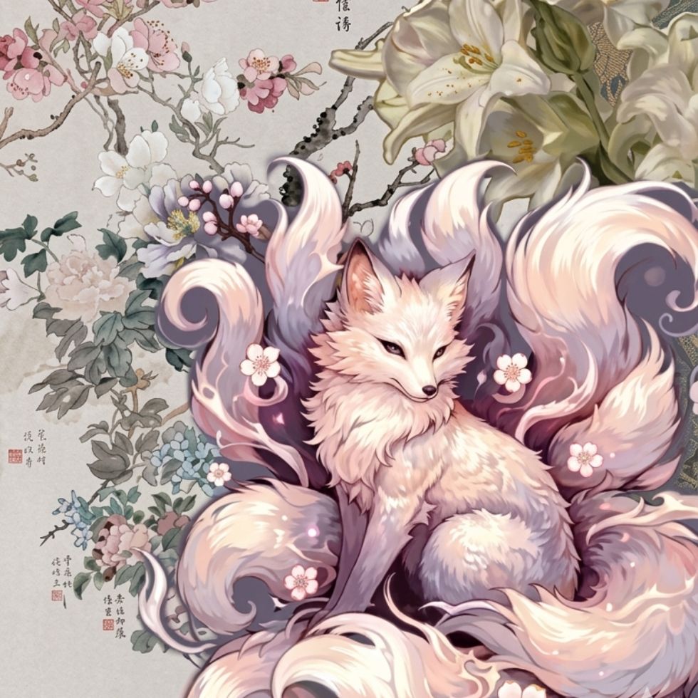 elegant floral traditional art Cute Kitsune Wallpaper